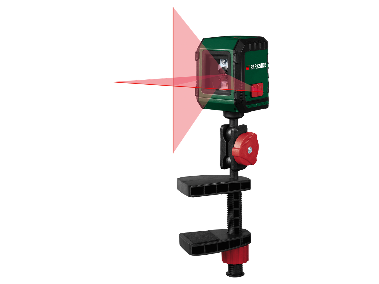 PARKSIDE ristjoonlaserlood koos kinnitusklambriga, projitseerides punaseid jooni.