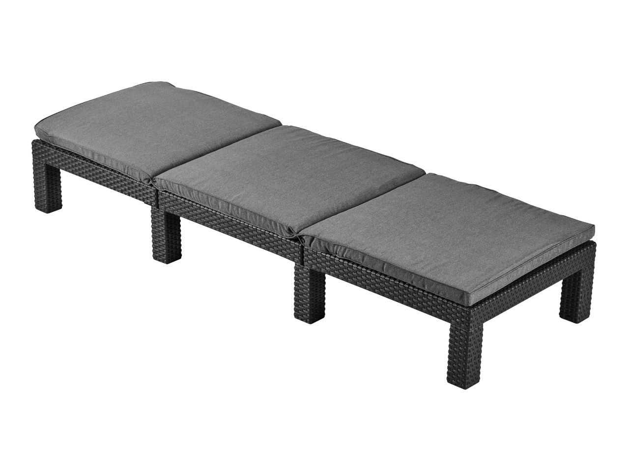 Three-piece outdoor rattan bench with grey cushions