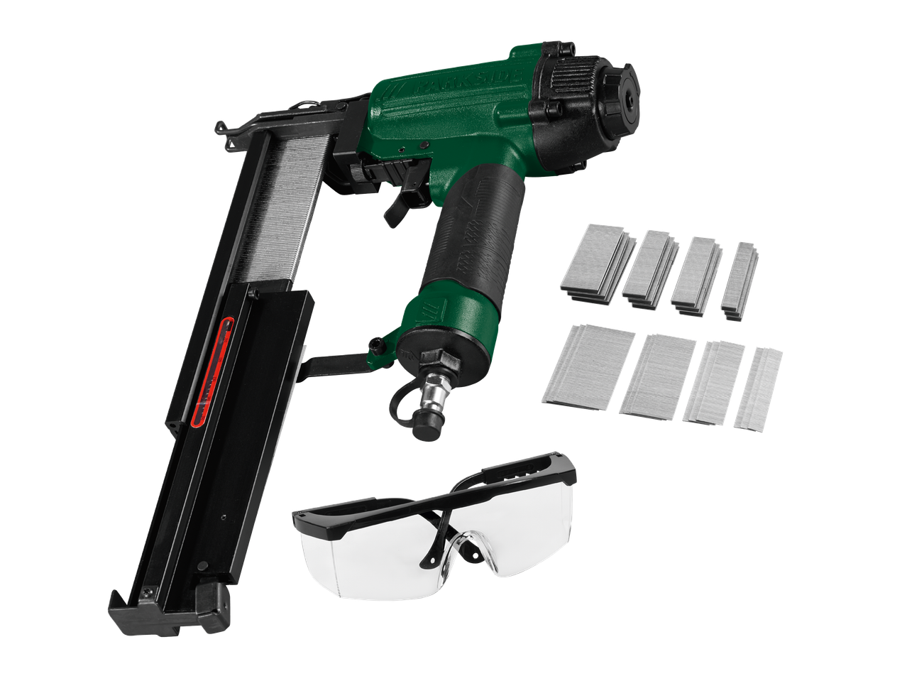 Bosch spikpistol med tillbehör, inklusive skyddsglasögon.