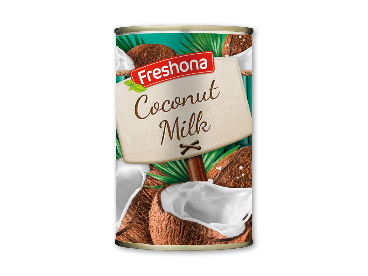 Dåse med kokosmælk, der viser kokosnødder og grønne blade på en turkis baggrund.