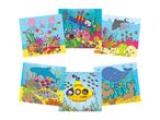 Eight colorful underwater-themed children's activity cards featuring submarines, whales, and other sea creatures.