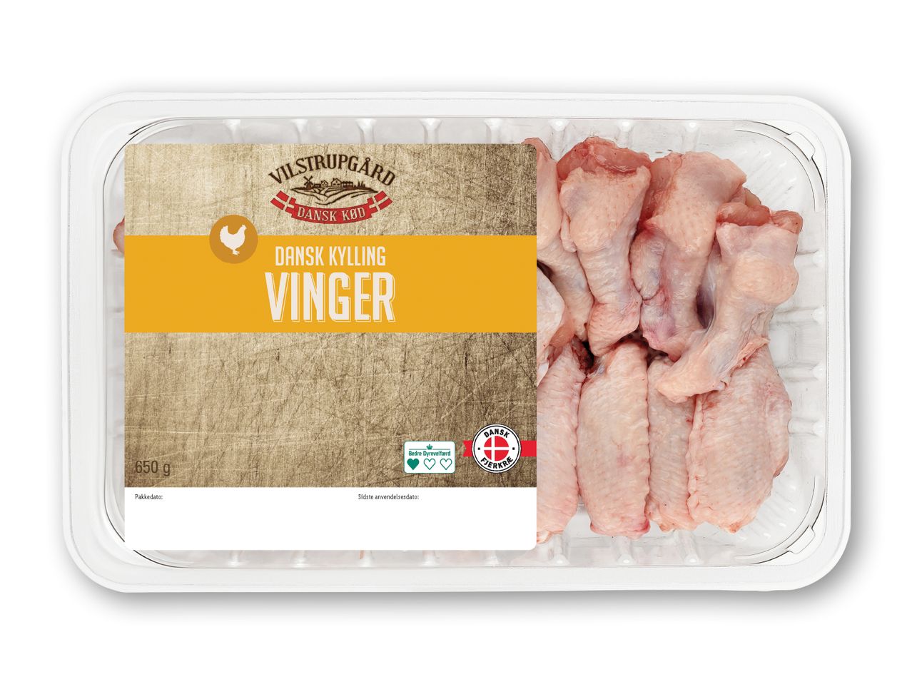 En pakke med rå kyllingevinger fra Vilstrupgaard, mærket som 'Danish Kylling Vinger' og vejer 650 g.