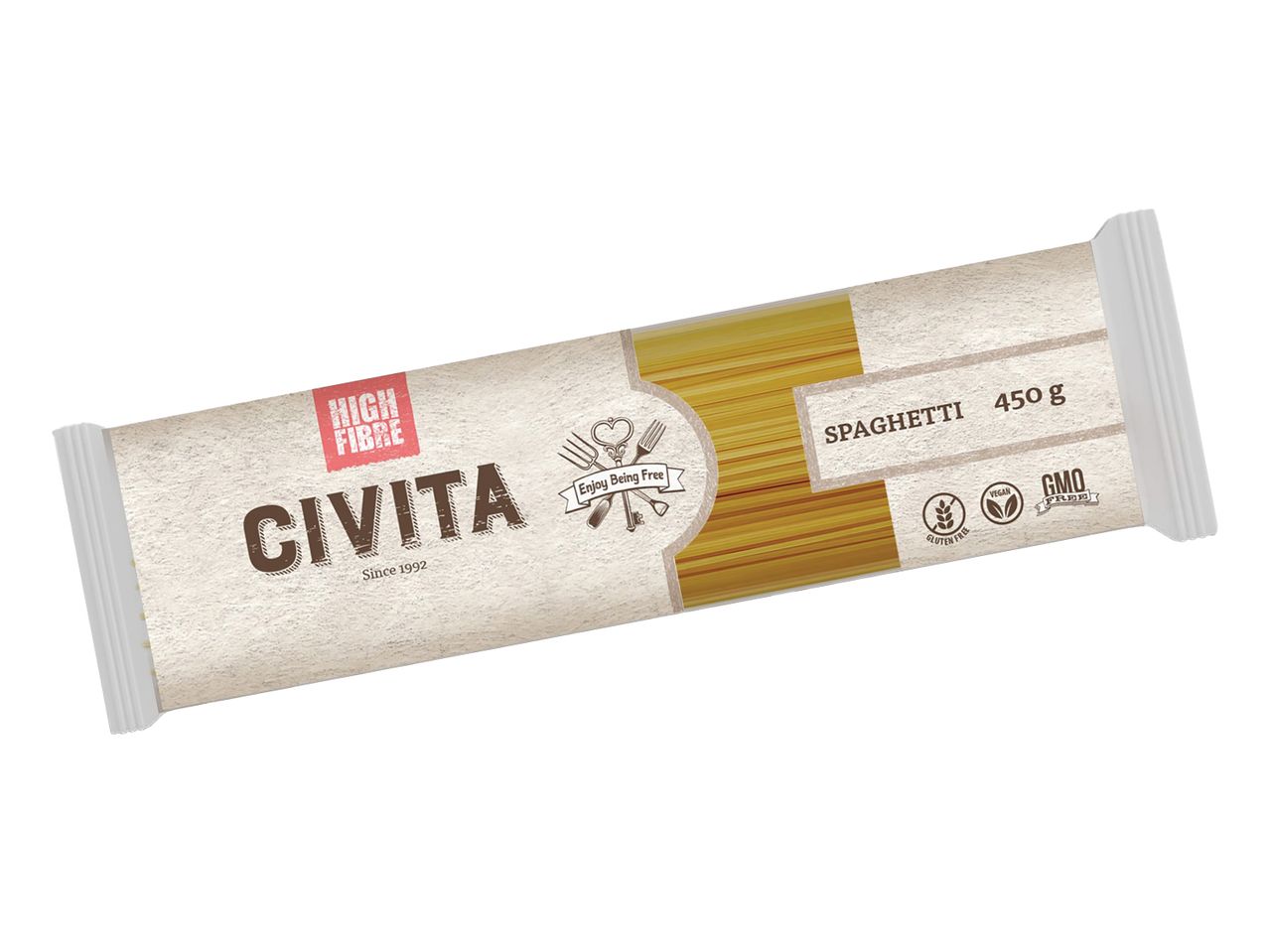 Civita spagetti csomagolás: magas rosttartalmú, gluténmentes és GMO-mentes.