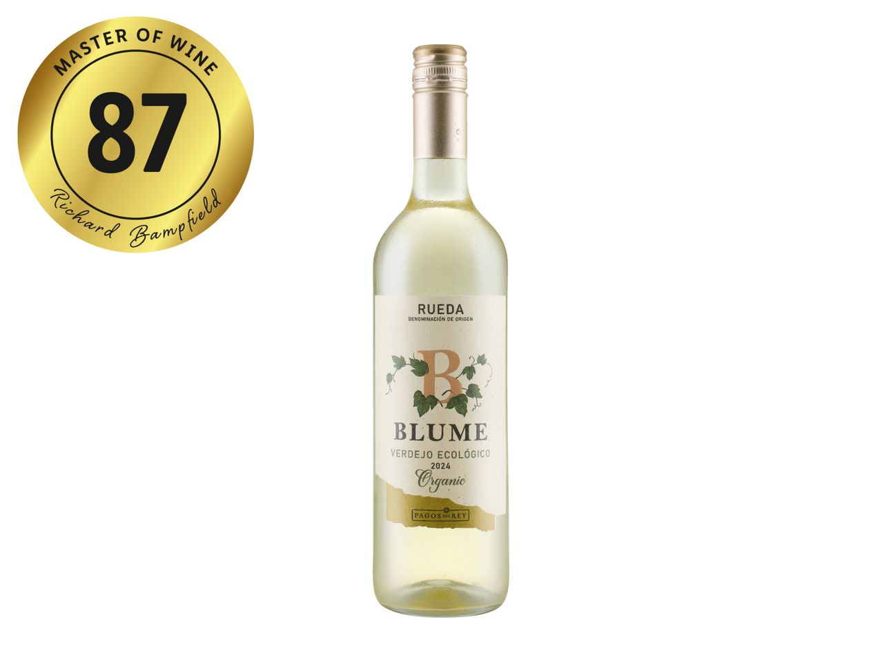 White wine bottle with a gold Master of Wine 87-point rating sticker.