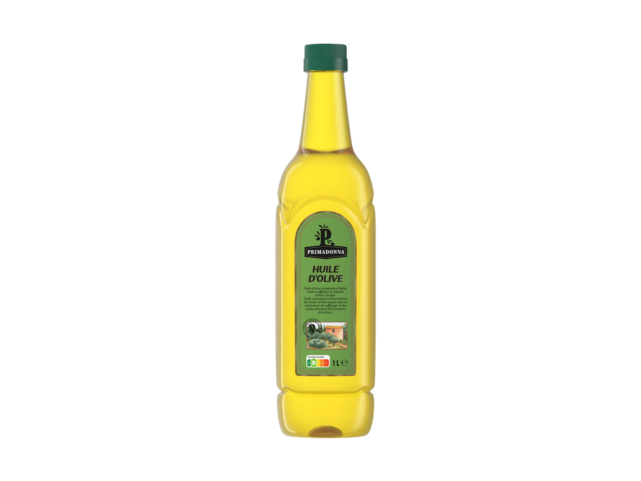 Bouteille d'huile d'olive avec une étiquette verte et un bouchon vert, affichant le Nutri-Score.