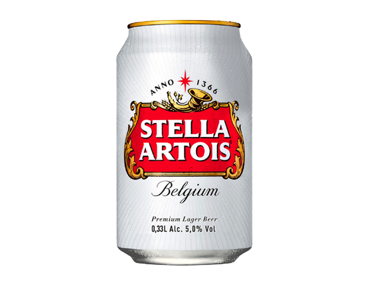 Stella Artois pivo u beloj limenci sa crvenom etiketom.