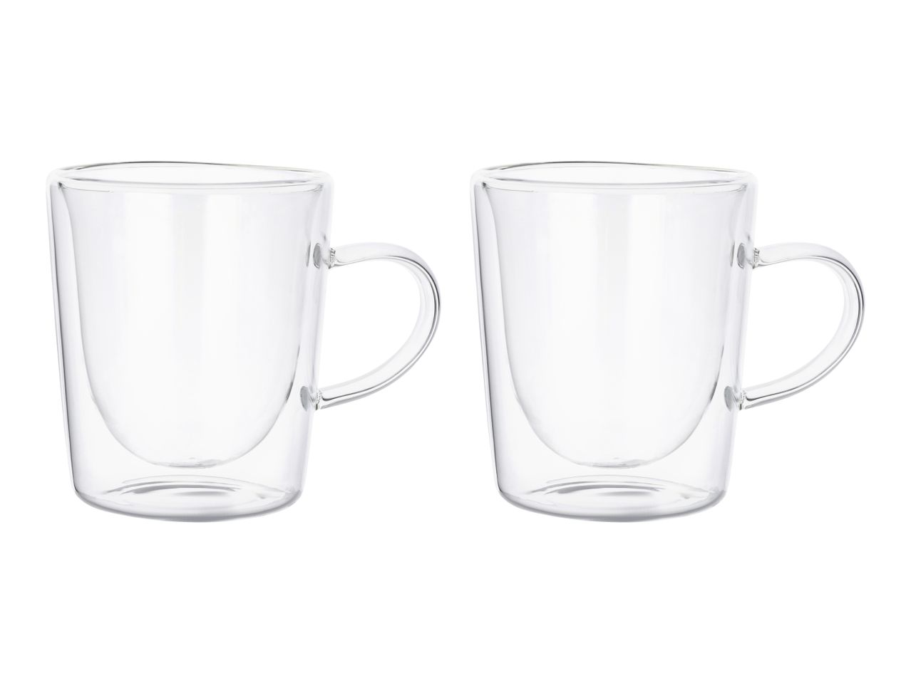 Two clear double-walled glass mugs with handles