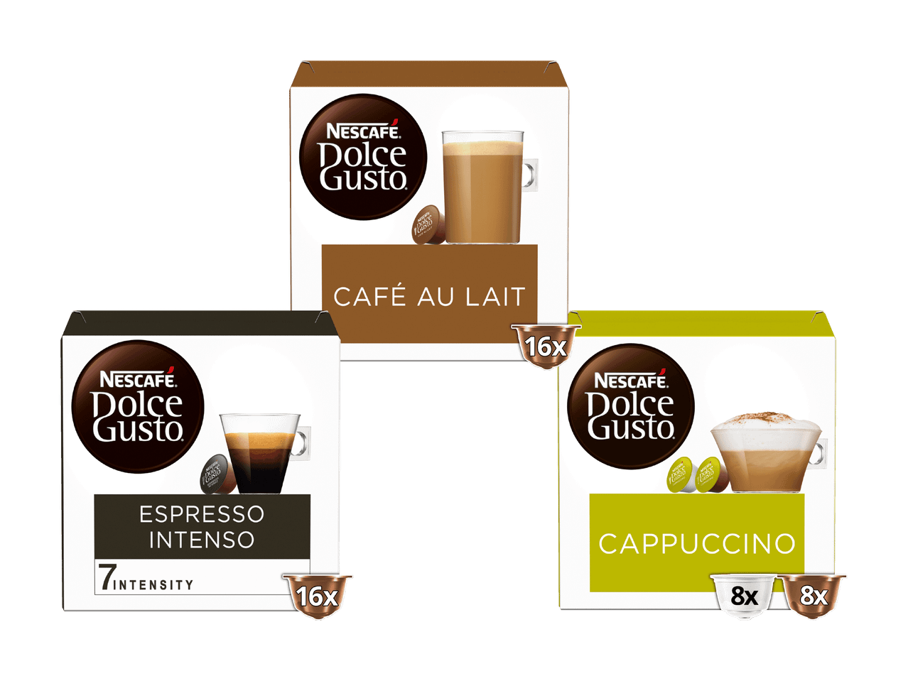 Nescafé Dolce Gusto: Cappuccino, Espresso Intenso, Café au Lait.