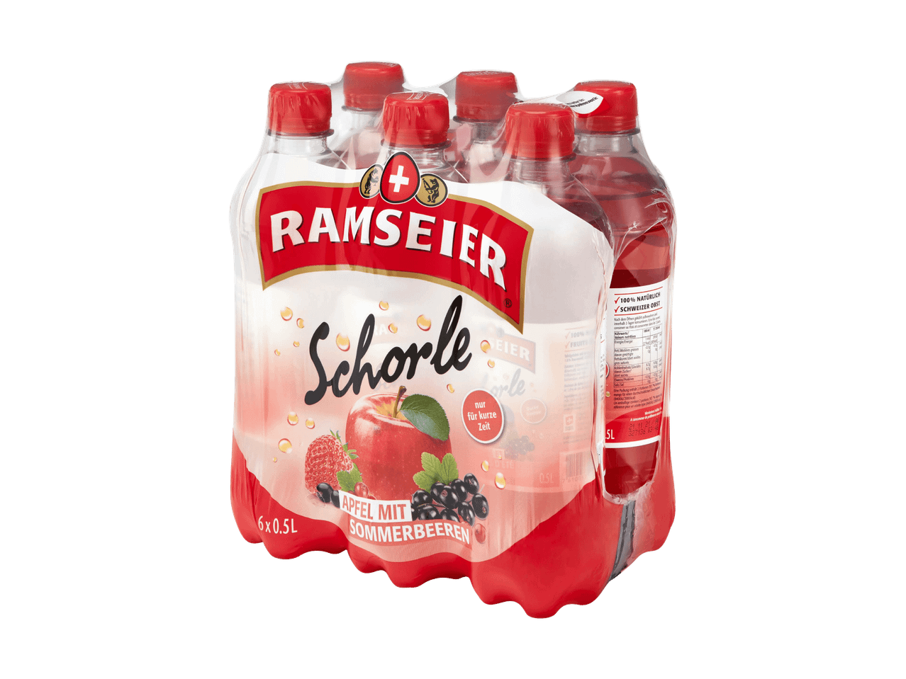 Packung mit 6 Flaschen Apfel- und Beerenfruchtgetränk, je 0,5L.