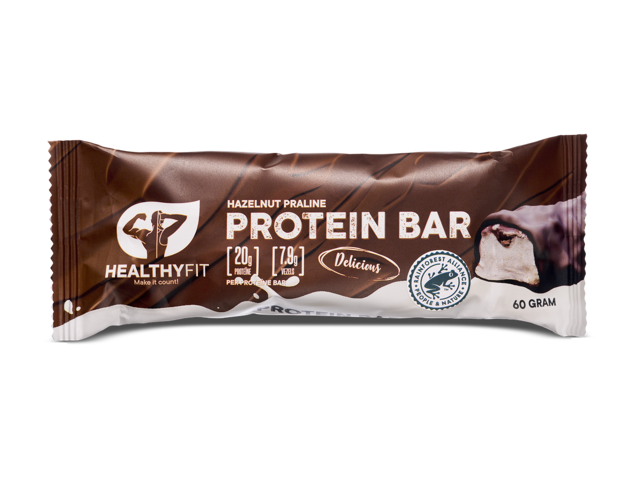 Hazelnoot praline proteïnereep met 20g proteïne en 7.9g vezels, 60 gram.