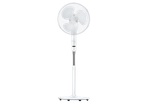 White pedestal fan with three blades and control panel on a black background.