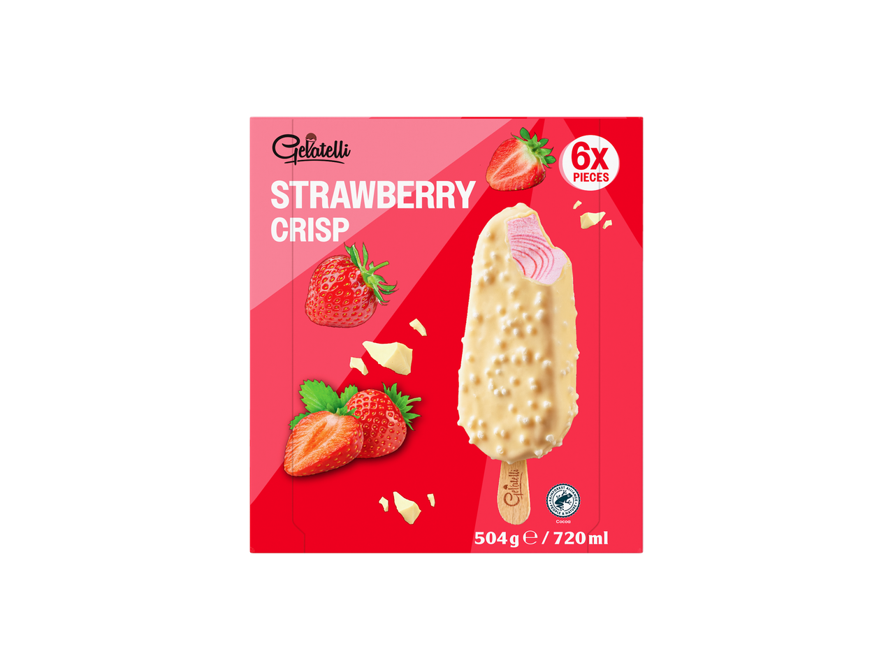 Înghețată Gelatelli Strawberry Crisp: 6 bețișoare glazurate cu ciocolată albă.