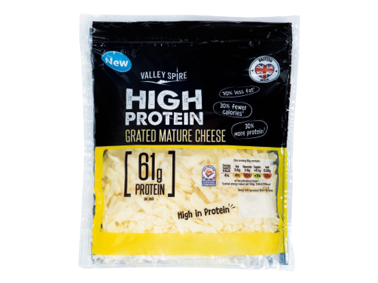 Valley Spire grated mature cheese, high protein.