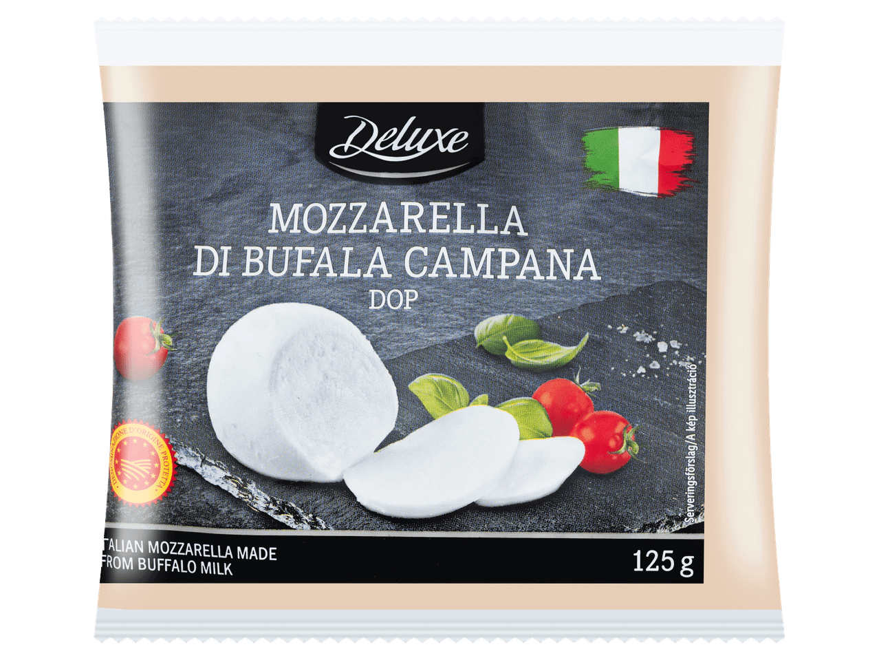 Bivalymozzarella szeletekkel, paradicsommal és bazsalikommal díszítve.