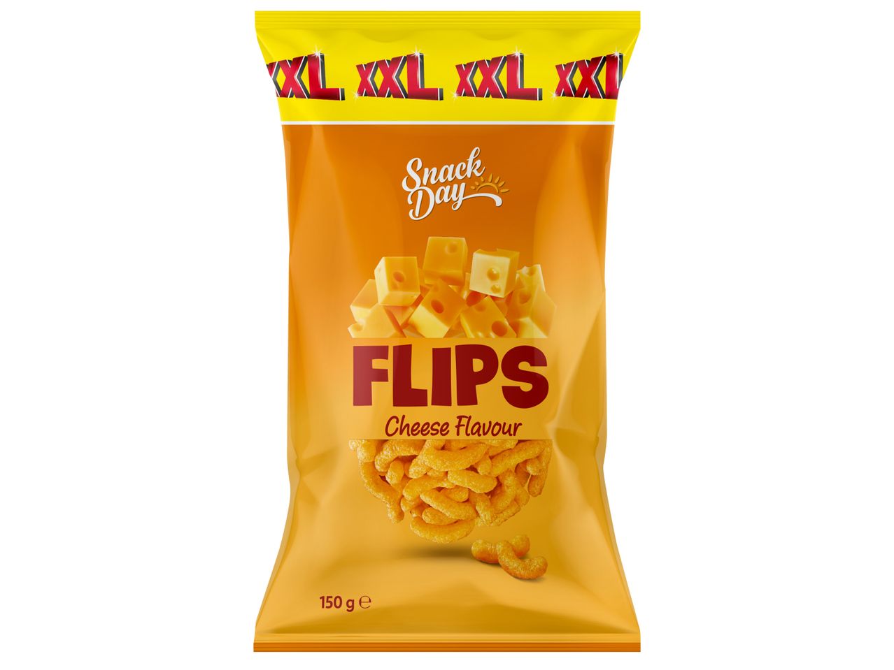Пакетче сирене на кубчета и сирене на пръчици с надпис 'FLIPS Cheese Flavour' и '150 g e'.