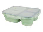 Green collapsible lunch box with a clear lid and three compartments.