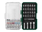 Screwdriver bit set with various sizes of flathead, Phillips, Pozidriv, Torx, and hex bits.