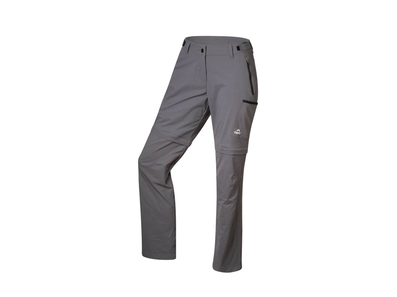 Pantaloni da trekking grigi con cerniere e tasche.