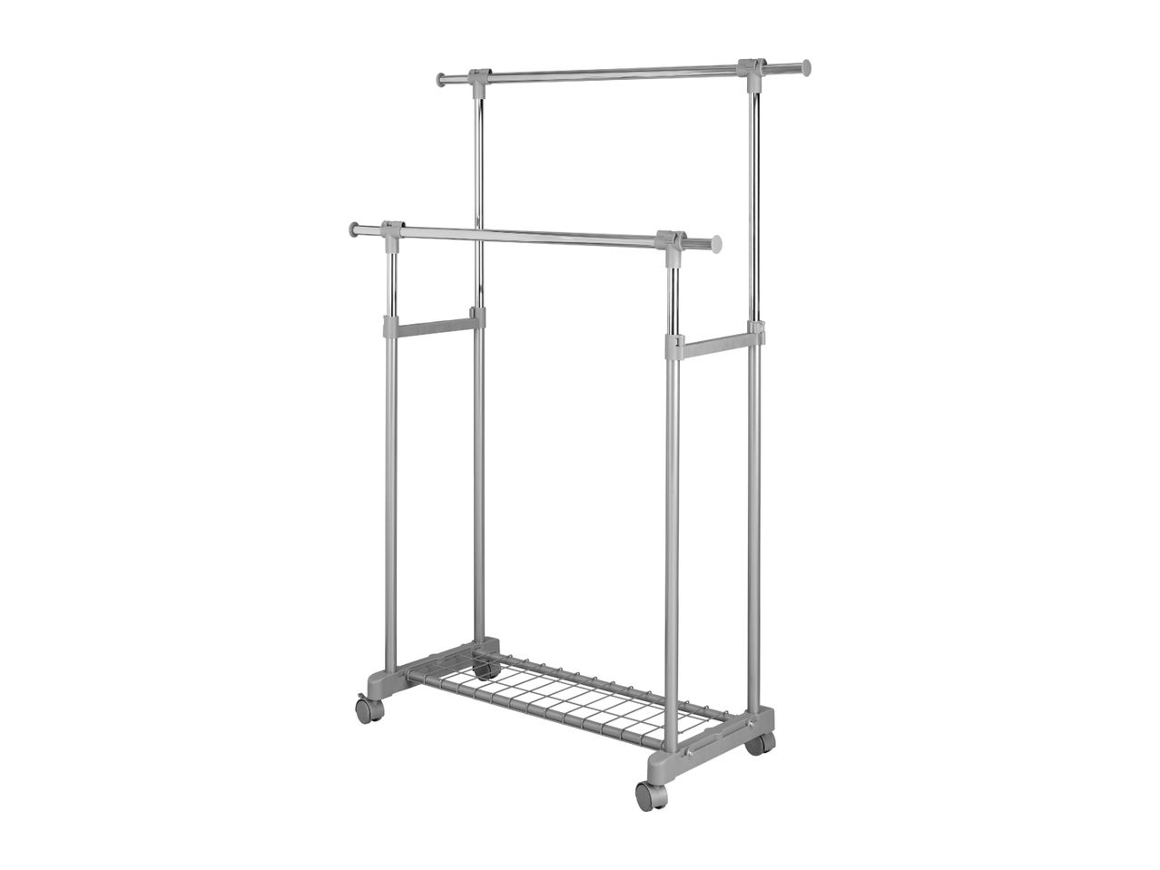 Adjustable double rail garment rack with a bottom shelf and wheels