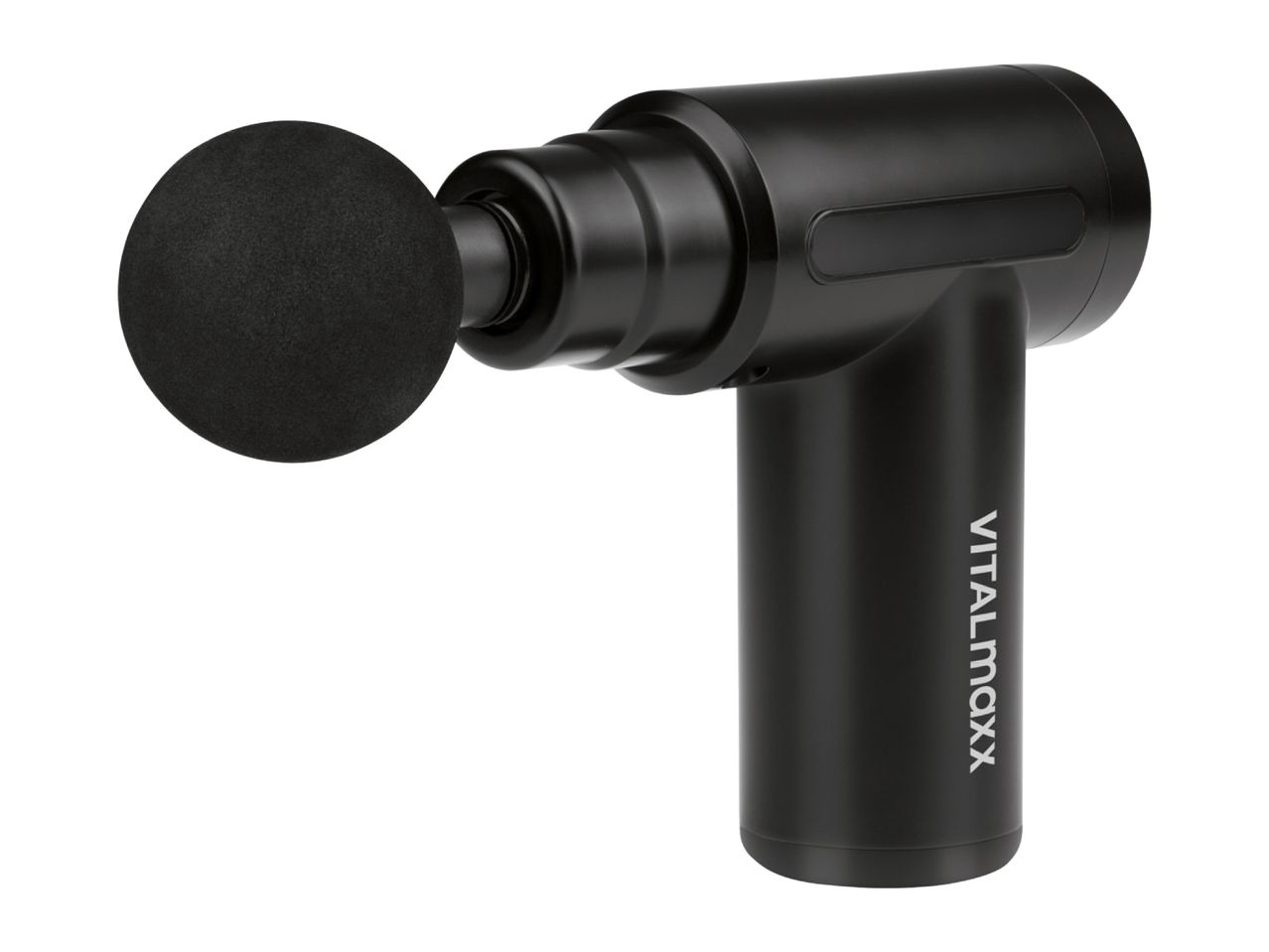 Black massage gun with a round foam attachment, featuring 'VITALmaxx' text on the handle.