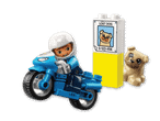 Lego Duplo Motorradfahrer mit verlorener Hund-Plakat und Hundefigur