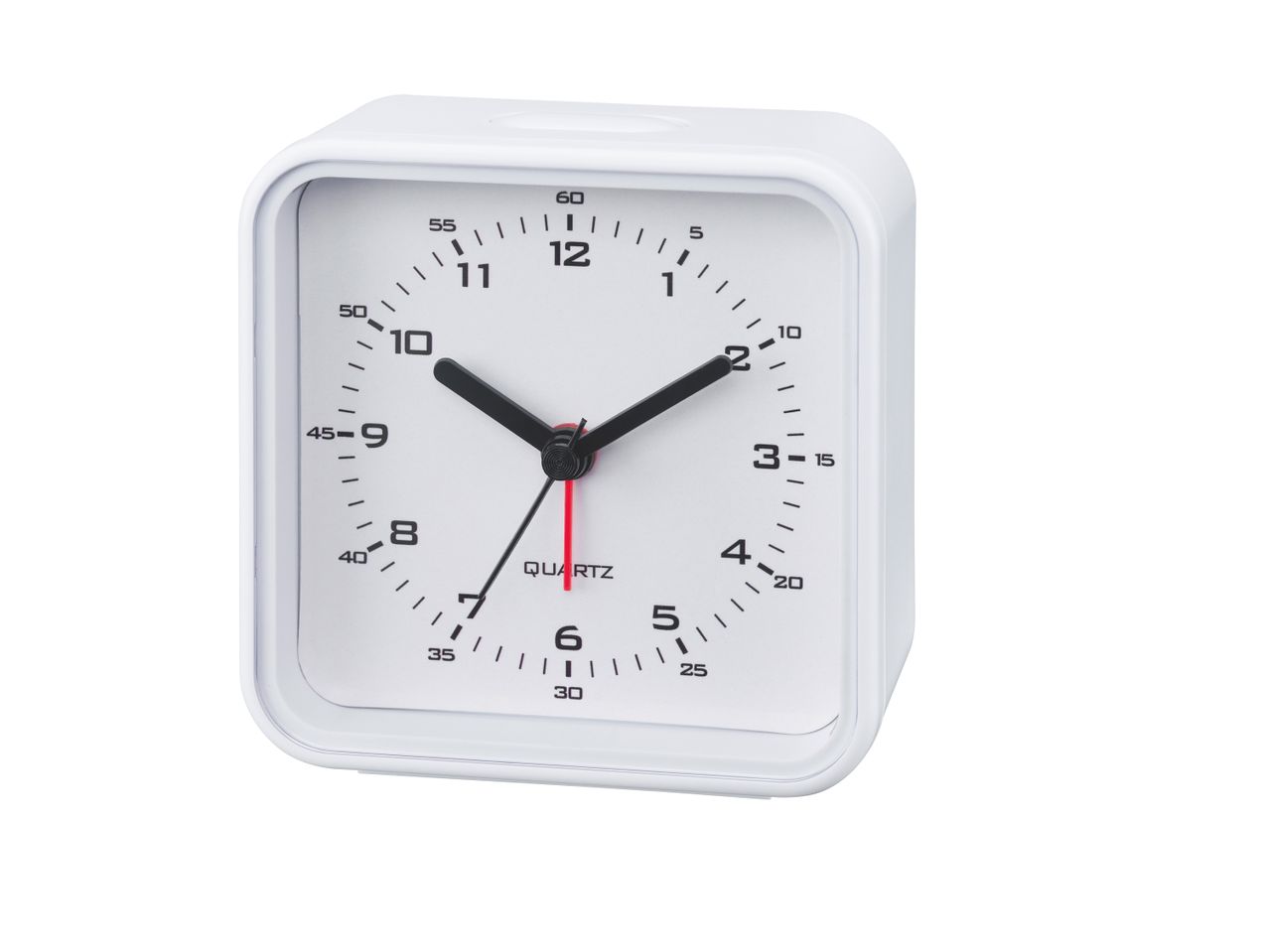 A white square analog alarm clock.