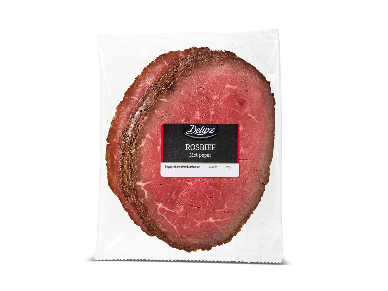 Verpakking met gesneden rosbief met peper, met een etiket met productinformatie.