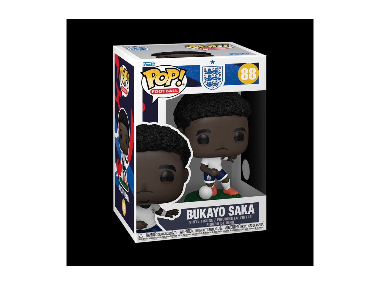 Football player collectible figure in a box, featuring a dark-skinned player in a white and blue uniform.