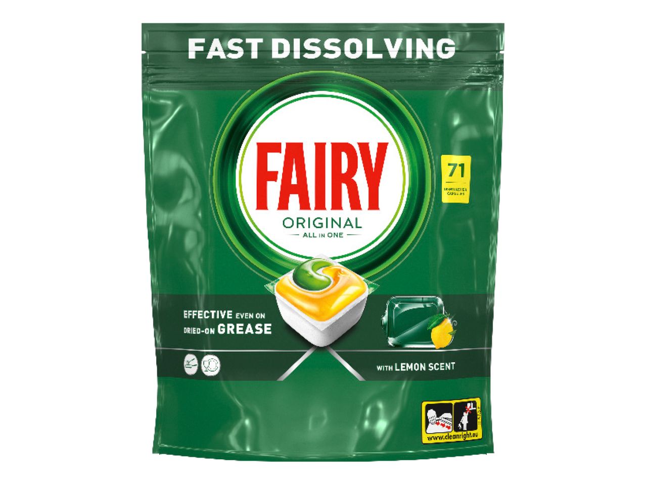 Roheline Fairy nõudepesukapslite pakend, millel on kiri 'FAST DISSOLVING' ja '71 DISHWASHER CAPSULES'.