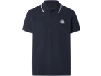 Men's navy polo shirt with white striped collar and sleeves, and a nautical emblem.