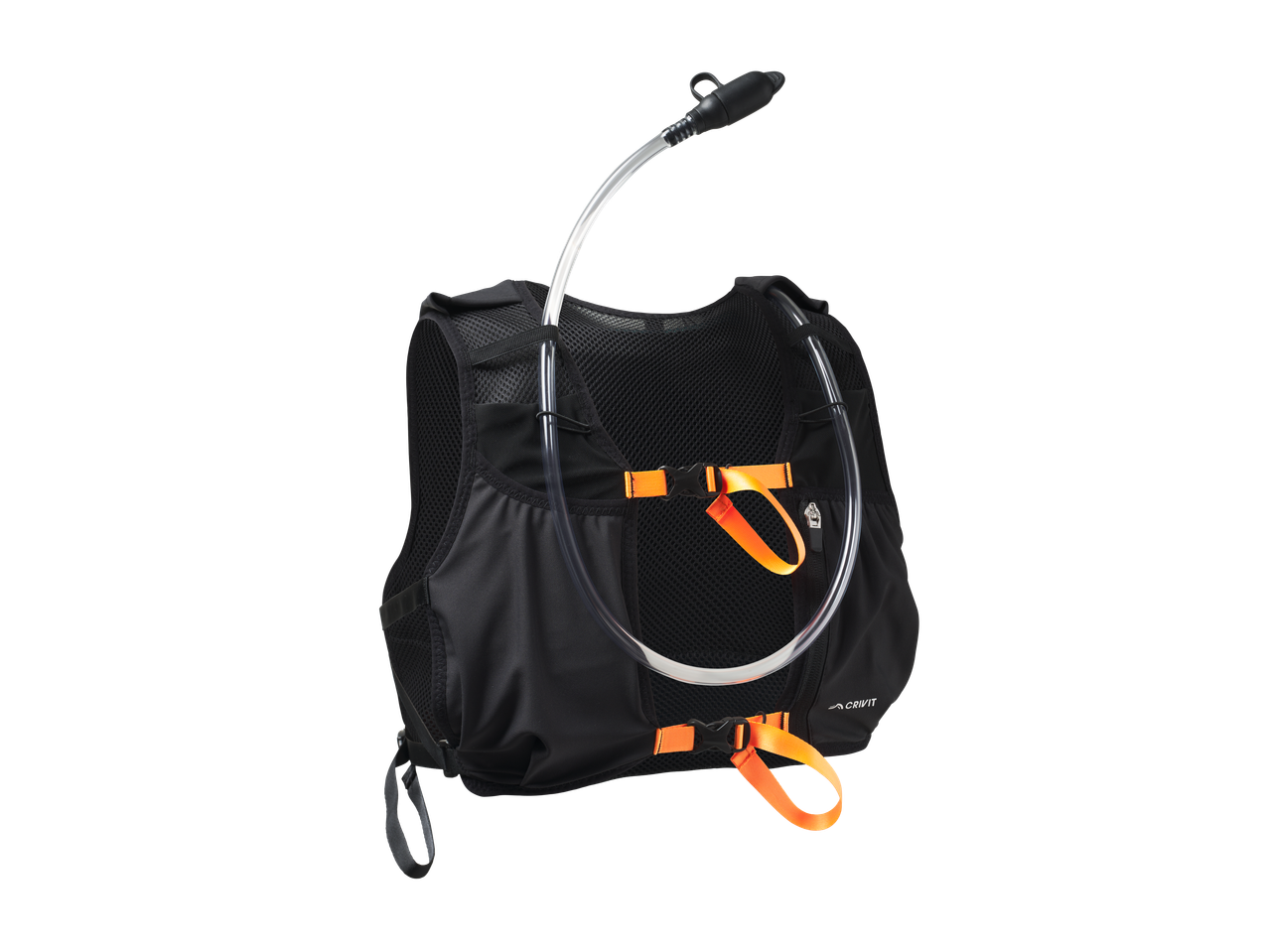 Black hydration vest with orange straps and a clear drinking tube with a bite valve.