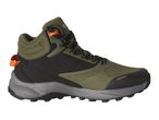 A pair of olive green and black Columbia hiking boots with orange accents.