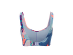 Un sutien sport de culori pastel cu imprimeu abstract este arătat din spate.