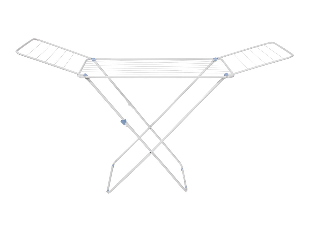 A white foldable clothes drying rack with two wings.
