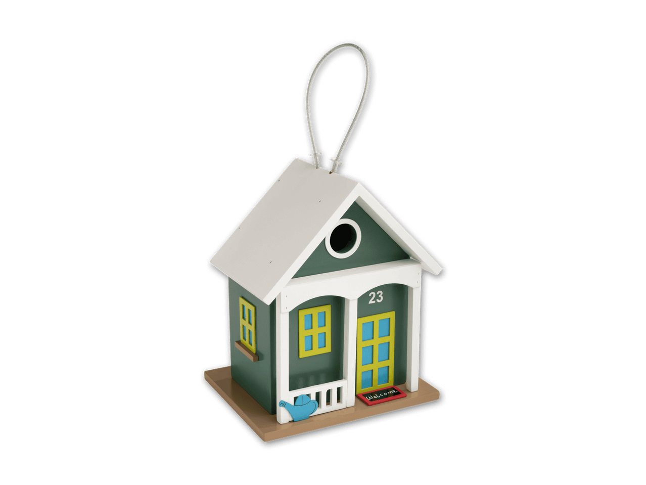Ein niedliches, grün-weißes Vogelhaus mit der Nummer 23 und einem Willkommens-Fußabtreter.