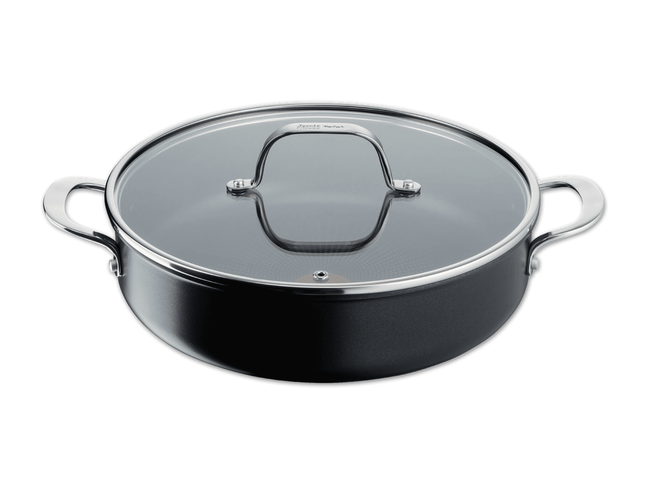 Jamie Oliver by Tefal Topf mit Glasdeckel auf schwarzem Hintergrund