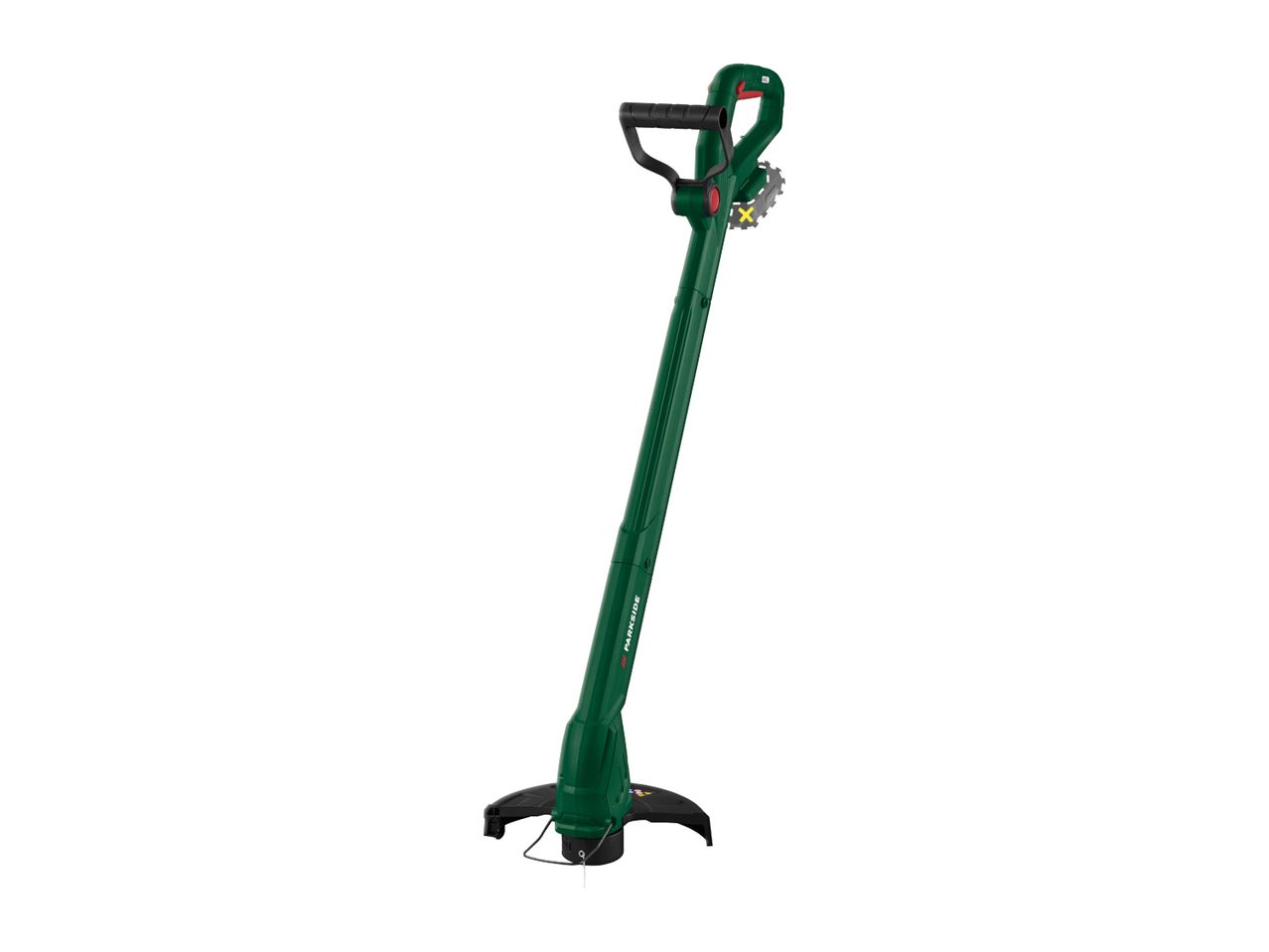 Green electric grass trimmer with a black handle and protective guard