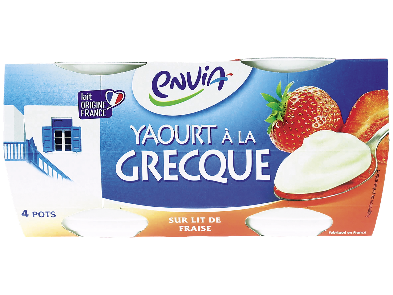 Yaourt à la grecque sur lit de fraise, 4 pots, lait origine France.
