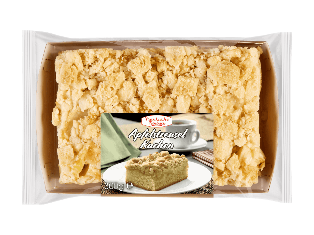 Pakattu omenamuru-kakku, jossa on etiketti, jossa lukee 'Apfelstreusel Kuchen' ja '300g e'.