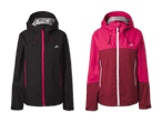 Zwei Damen-Outdoorjacken, eine schwarze mit pinken Akzenten und eine rot-pinke.