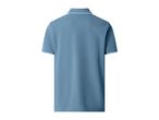 Back view of a light blue men's polo shirt with white trim on the collar and sleeves.