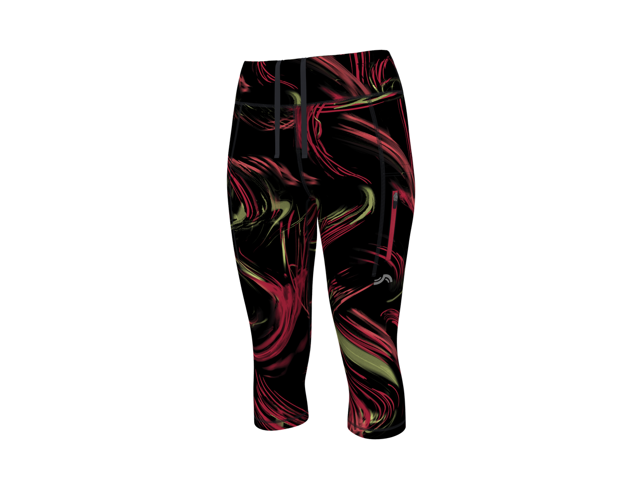 Black capri leggings with red and yellow abstract swirl pattern