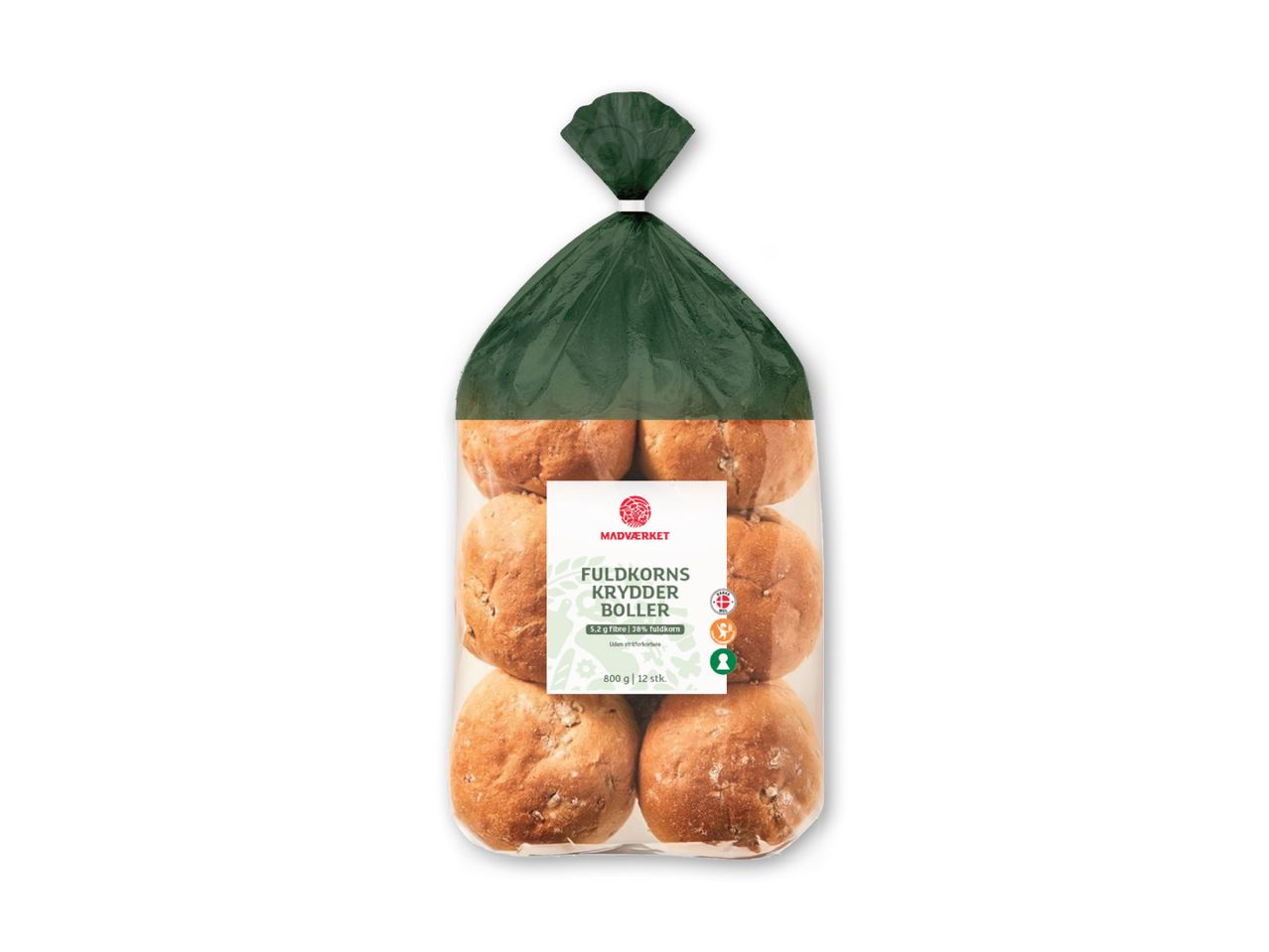 En pose med 12 fuldkornsboller fra Madværket.