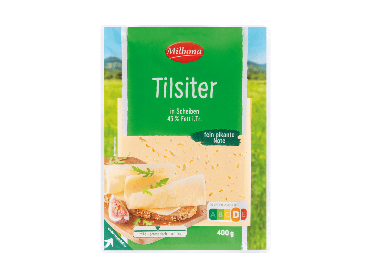 Milbona Tilsiter Käse in Scheiben, 45% Fett i.Tr., 400g Packung mit Nutri-Score C