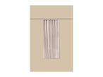 A single, light-colored shower curtain hanging on a silver rod with white hooks.
