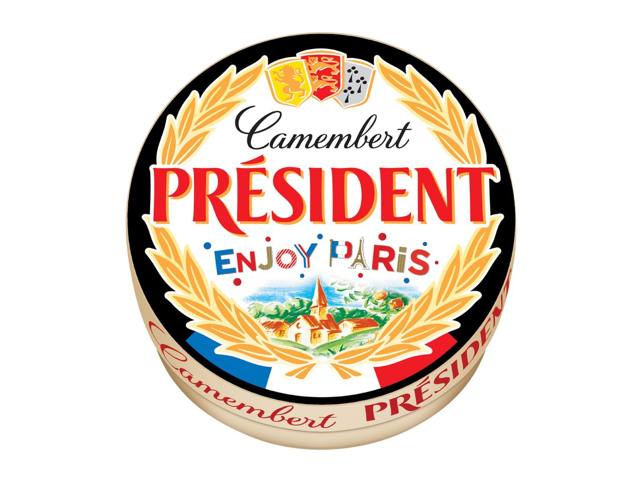 Camembert Président cheese packaging with a French village scene and 'Enjoy Paris' text.