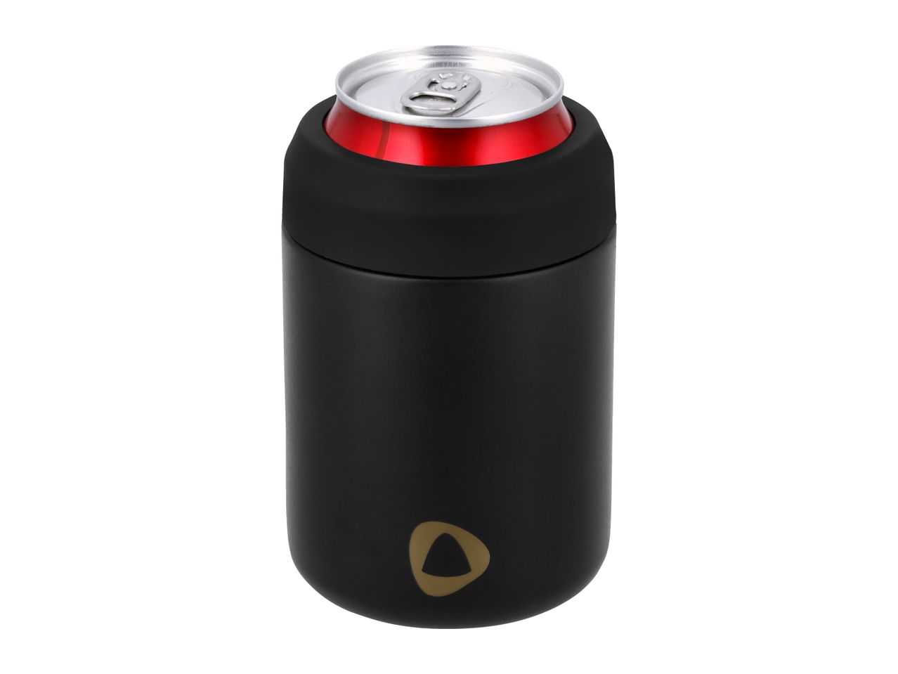Black insulated can cooler with a red beverage can inside, featuring a gold logo.