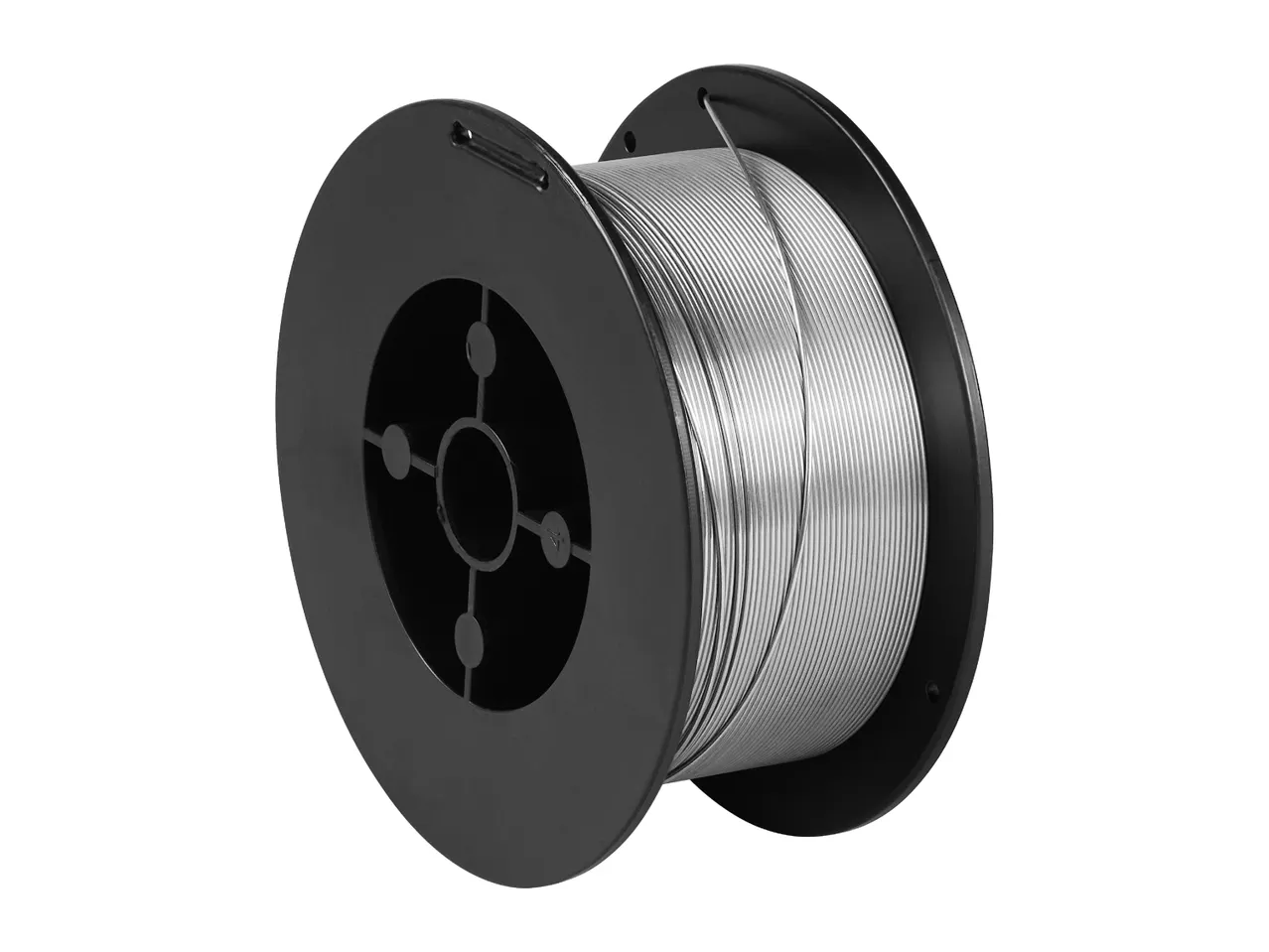 A spool of silver welding wire on a black plastic reel.