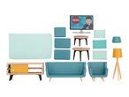 Dollhouse living room furniture set with sofa, armchair, TV, tables, and lamps.