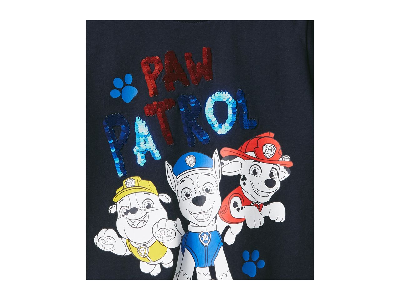 A navy blue Paw Patrol t-shirt featuring sequin lettering and character graphics.